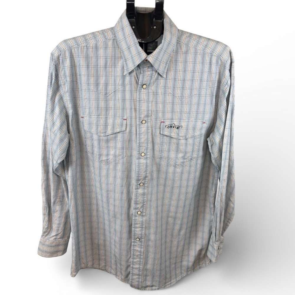 Orvis Trout Bum Mens Med Blue Plaid Pearl Snap Western Fishing Shirt Mesh Back